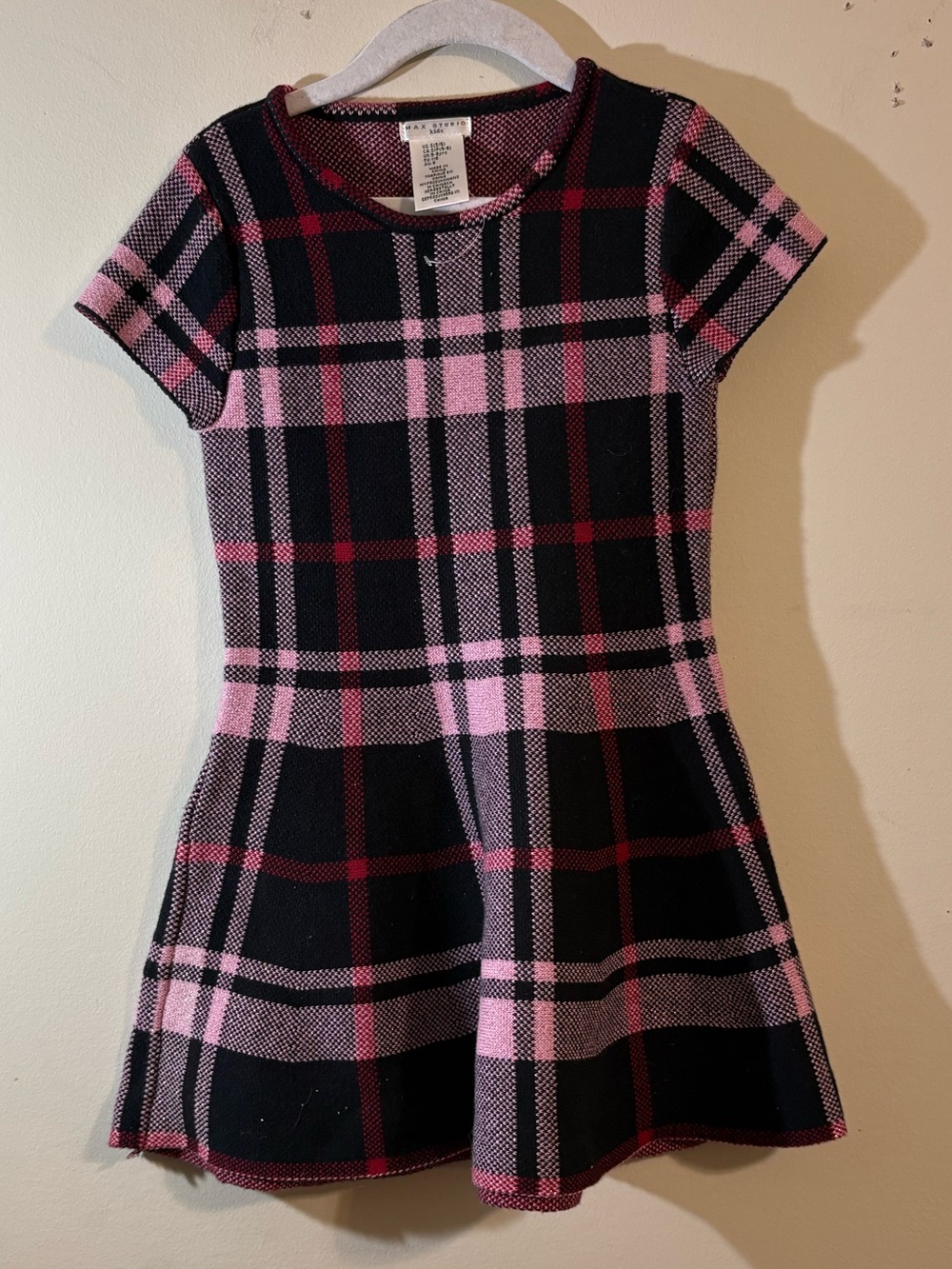 Max Studio dress girls' short sleeve plaid knit skater black pink SZ 5 Fit flare